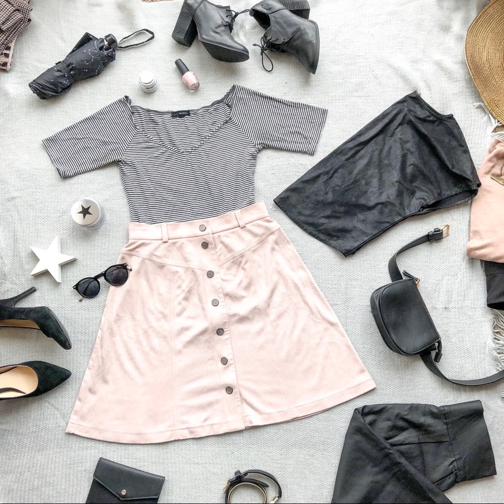 Pastel Pink Button Up Faux Suede Skirt